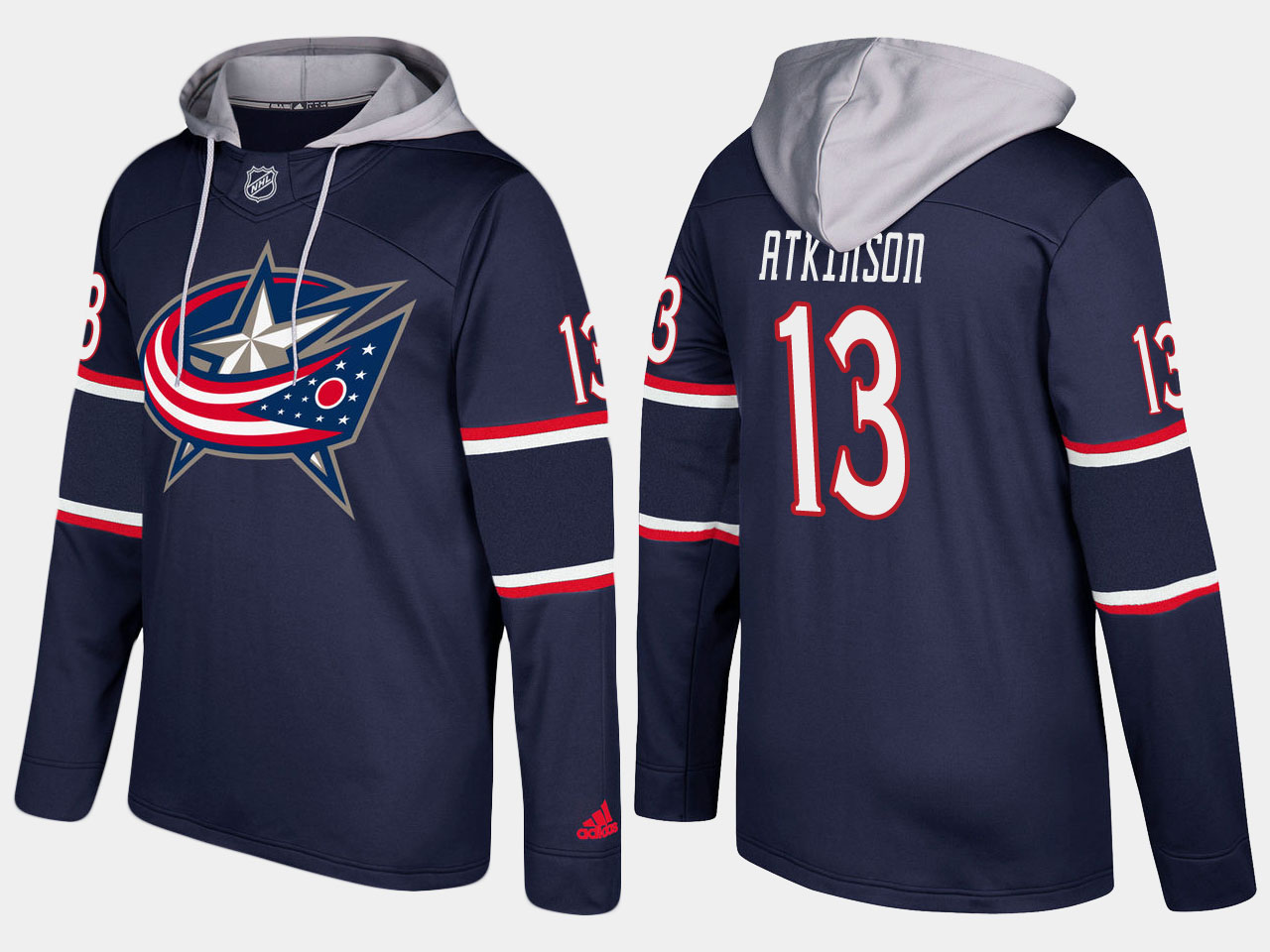 Men NHL Columbus blue jackets 13 cam atkinson navy blue hoodie
